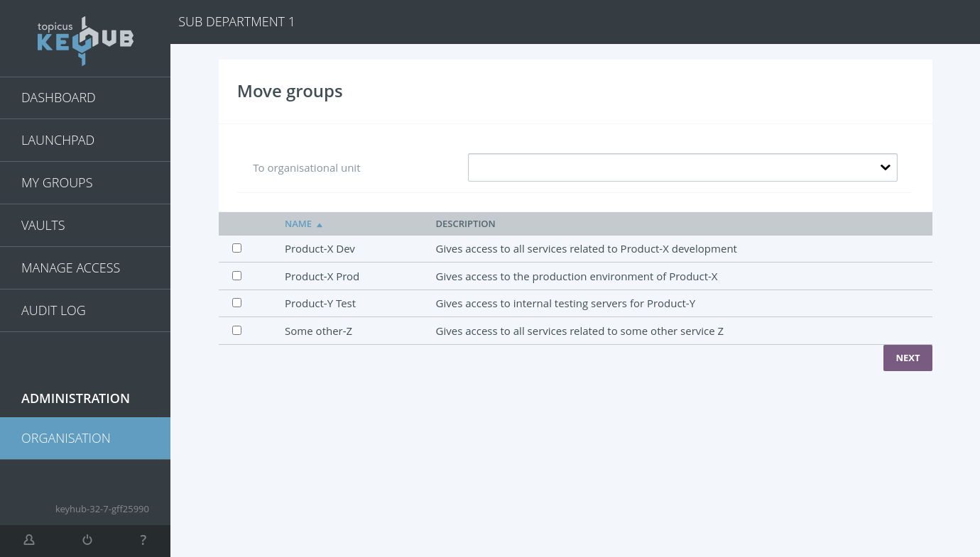 Screenshot of a page where a user can select groups to move to another organisational unit